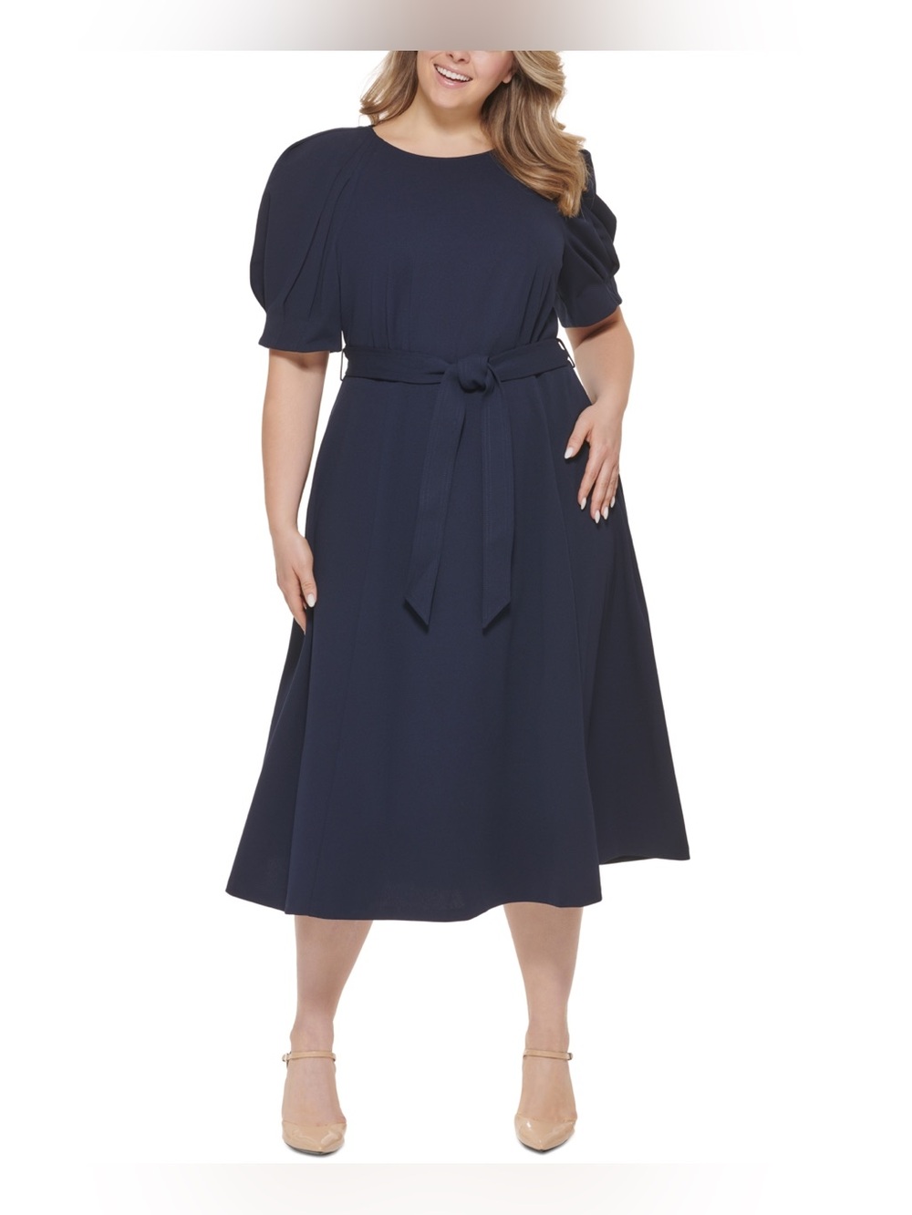 NEW $139 Calvin Klein Plus 20W Navy Business Career Modest Midi Fit Flare Dress